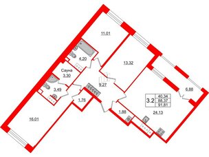 Квартира в ЖК «Amber Club на Васильевском», 3 комнатная, 88.37 м², 4 этаж