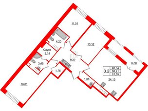 Квартира в ЖК «Amber Club на Васильевском», 3 комнатная, 88.21 м², 7 этаж