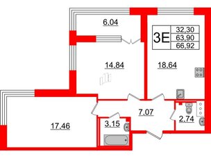 Квартира в ЖК Морская набережная.SeaView 2, 2 комнатная, 66.92 м², 8 этаж