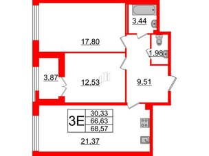 Квартира в ЖК Морская набережная.SeaView 2, 2 комнатная, 68.57 м², 15 этаж