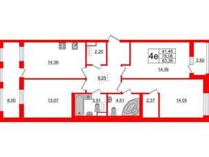 Квартира в ЖК Cube, 3 комнатная, 83.38 м², 8 этаж