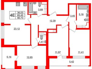 Квартира в ЖК Cube, 3 комнатная, 90.73 м², 13 этаж