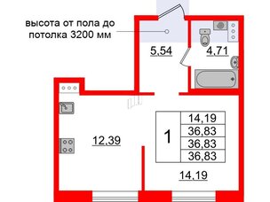 Квартира в ЖК Образцовый квартал, 1 комнатная, 36.83 м², 4 этаж