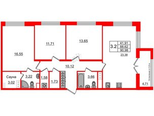 Квартира в ЖК Astra Marine, 3 комнатная, 88.62 м², 5 этаж