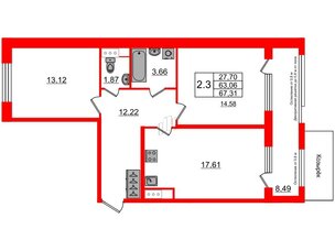 Квартира в ЖК Astra Marine, 2 комнатная, 63.06 м², 2 этаж
