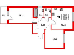 Квартира в ЖК Любоград, 2 комнатная, 56.58 м², 1 этаж