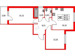 Квартира в ЖК Любоград, 2 комнатная, 56.21 м², 4 этаж