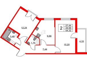 Квартира в ЖК Любоград, 2 комнатная, 49.99 м², 3 этаж
