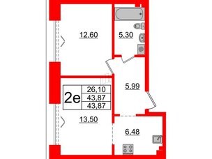 Квартира в ЖК 'Imperial Club', 1 комнатная, 43.87 м², 3 этаж