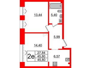 Квартира в ЖК 'Imperial Club', 1 комнатная, 45.8 м², 2 этаж