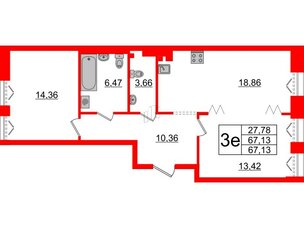Квартира в ЖК 'Imperial Club', 2 комнатная, 67.13 м², 4 этаж