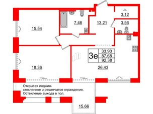 Квартира в ЖК «Империал Клаб», 2 комнатная, 87.68 м², 3 этаж