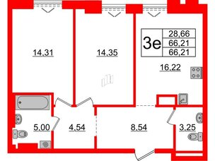 Квартира в ЖК «Империал Клаб», 2 комнатная, 66.21 м², 7 этаж