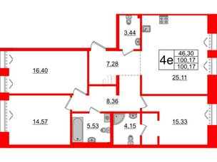 Квартира в ЖК «Империал Клаб», 3 комнатная, 100.17 м², 2 этаж