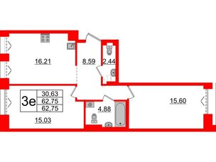 Квартира в ЖК 'Imperial Club', 2 комнатная, 62.75 м², 4 этаж