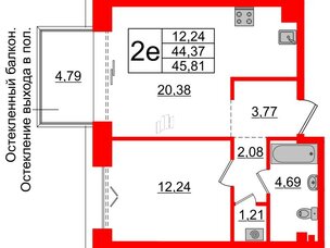 Квартира в ЖК «Империал Клаб», 1 комнатная, 44.37 м², 4 этаж