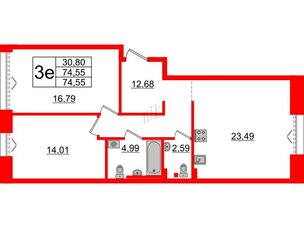 Квартира в ЖК «Империал Клаб», 2 комнатная, 74.55 м², 3 этаж