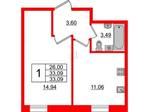 Апартаменты в ЖК ZOOM Черная речка, 1 комнатные, 33.09 м², 4 этаж