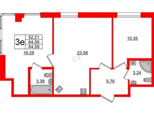 Апартаменты в ЖК ZOOM Черная речка, 2 комнатные, 64.59 м², 5 этаж