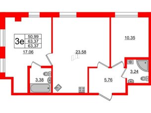Апартаменты в ЖК ZOOM Черная речка, 2 комнатные, 63.37 м², 6 этаж