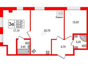 Апартаменты в ЖК ZOOM Черная речка, 2 комнатные, 63.67 м², 13 этаж