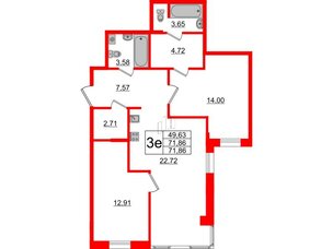 Апартаменты в ЖК ZOOM Черная речка, 2 комнатные, 71.86 м², 5 этаж
