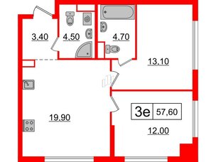 Квартира в ЖК Шкиперский, 19, 2 комнатная, 57.6 м², 12 этаж