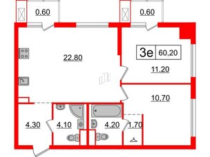 Квартира в ЖК Шкиперский, 19, 2 комнатная, 60.2 м², 2 этаж