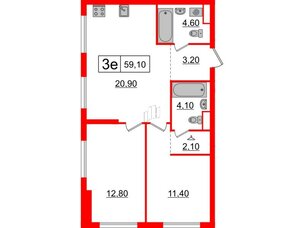 Квартира в ЖК Шкиперский, 19, 2 комнатная, 59.1 м², 10 этаж