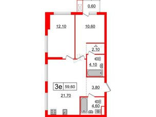 Квартира в ЖК Шкиперский, 19, 2 комнатная, 59.6 м², 2 этаж