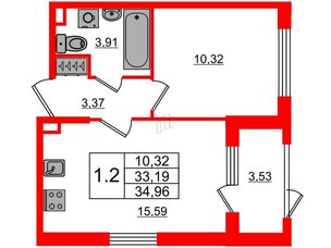 Квартира в ЖК 'Дворцовый фасад', 1 комнатная, 33.19 м², 1 этаж