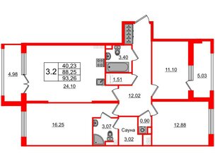 Квартира в ЖК 'Дворцовый фасад', 3 комнатная, 88.25 м², 3 этаж