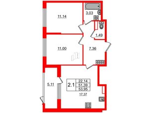 Квартира в ЖК 'Дворцовый фасад', 2 комнатная, 51.39 м², 1 этаж