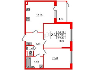 Квартира в ЖК 'Дворцовый фасад', 2 комнатная, 57.05 м², 1 этаж