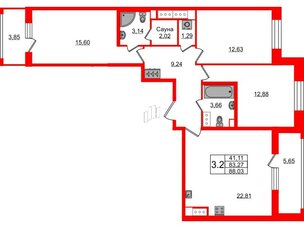 Квартира в ЖК 'Pulse Premier', 3 комнатная, 83.27 м², 3 этаж
