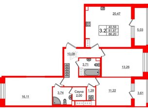 Квартира в ЖК 'Pulse Premier', 3 комнатная, 81.87 м², 3 этаж