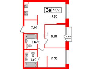 Квартира в ЖК Аэронавт, 2 комнатная, 53.5 м², 3 этаж