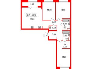 Квартира в ЖК Аэронавт, 3 комнатная, 88.1 м², 3 этаж