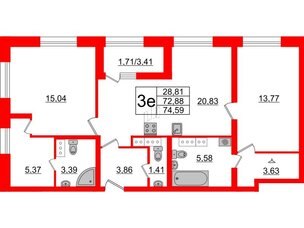 Квартира в ЖК БелАРТ, 2 комнатная, 74.59 м², 22 этаж