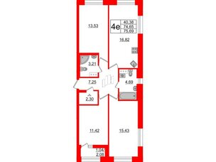 Квартира в ЖК БелАРТ, 3 комнатная, 75.69 м², 3 этаж