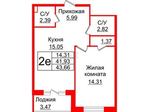 Квартира в ЖК Энфилд, 1 комнатная, 43.66 м², 2 этаж