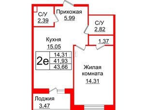 Квартира в ЖК Энфилд, 1 комнатная, 43.66 м², 10 этаж