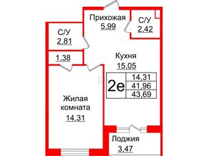 Квартира в ЖК Энфилд, 1 комнатная, 43.69 м², 2 этаж