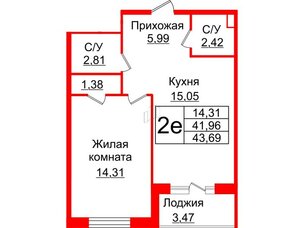 Квартира в ЖК Энфилд, 1 комнатная, 43.69 м², 3 этаж