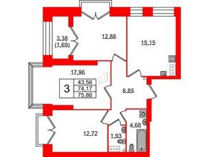 Квартира в ЖК Наука, 3 комнатная, 75.86 м², 11 этаж