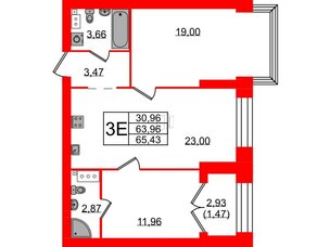 Квартира в ЖК Наука, 2 комнатная, 65.43 м², 6 этаж