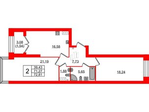 Квартира в ЖК Наука, 2 комнатная, 72.81 м², 12 этаж