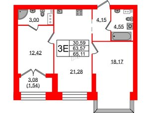Квартира в ЖК Наука, 2 комнатная, 65.11 м², 6 этаж