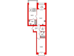 Квартира в ЖК Наука, 2 комнатная, 69.23 м², 13 этаж