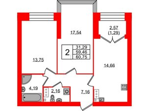 Квартира в ЖК Наука, 2 комнатная, 60.75 м², 10 этаж